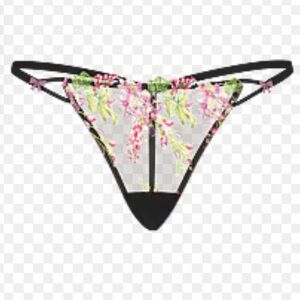 NWT Victorias Secret Wosteria Floral Embroidered Black Thong V-String Size S